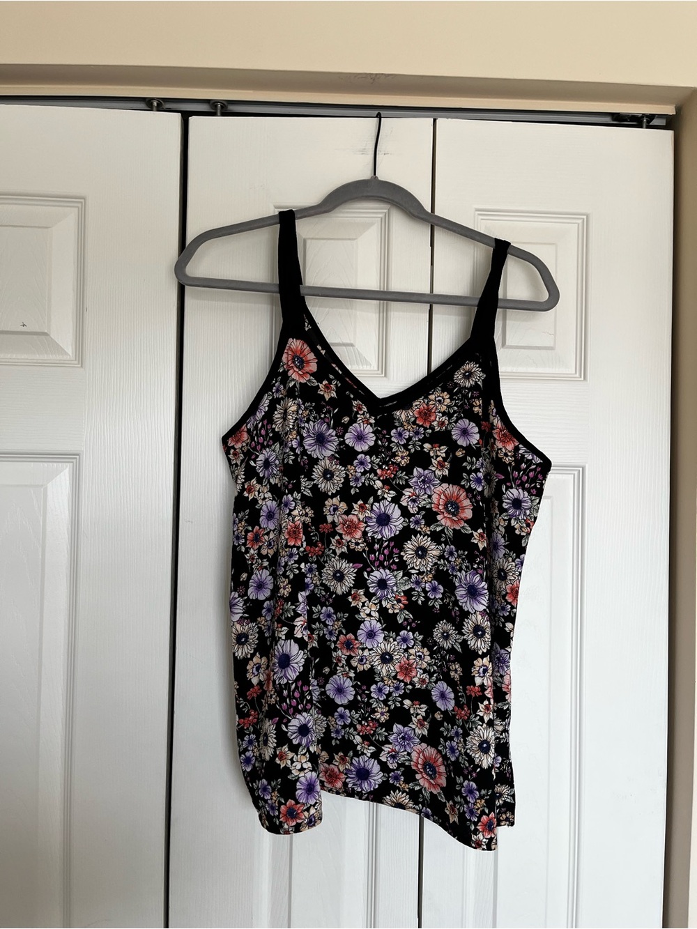 bobeau Black Floral V-Neck Camisole with Purple and Pink Blooms